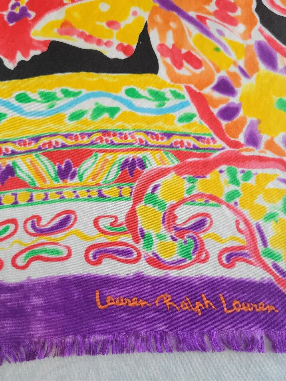 Ralph Lauren Black Scarf with Purple, Yellow, Green & Red Floral Print